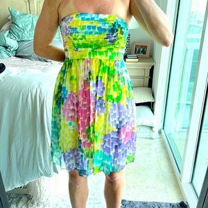 Milly of New York size 6 strapless 100% multi color silk dress